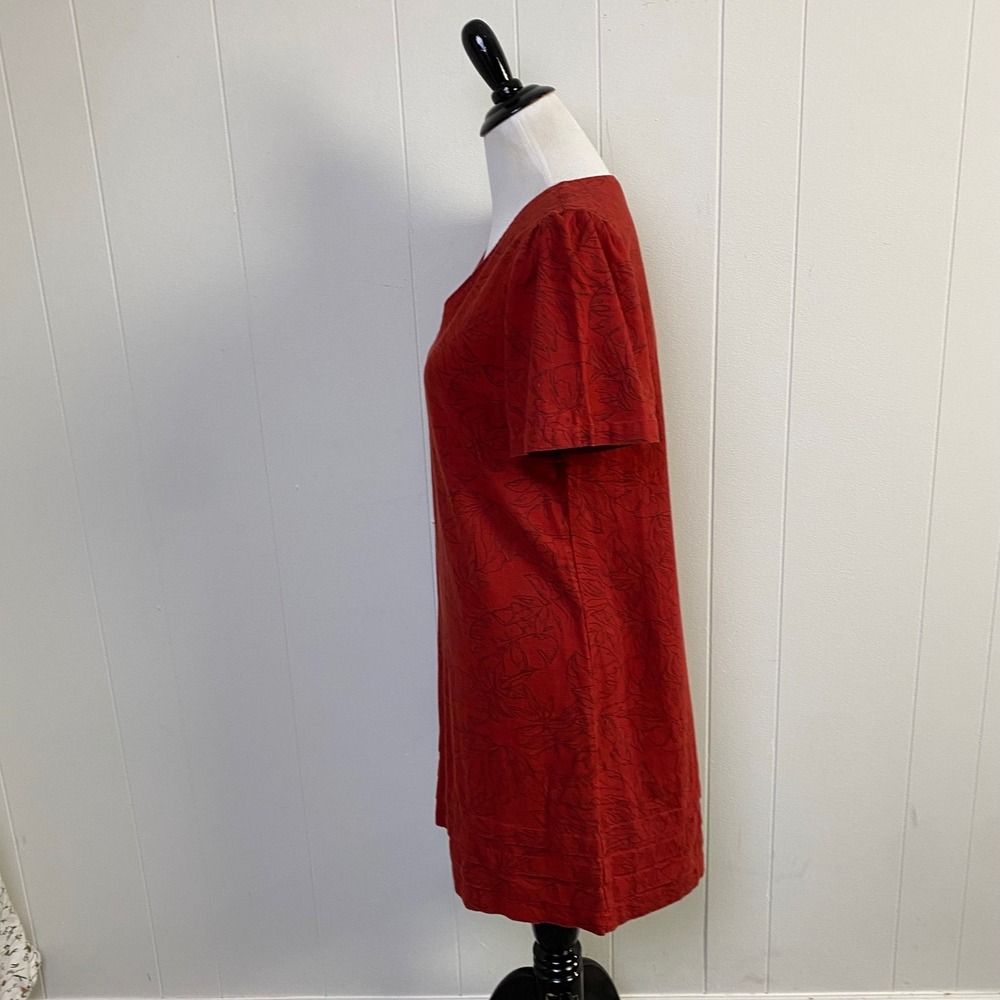 Nicole Miller Sz M Terracotta Red Linen Blend Tropical Leaf V-Neck Shift Dress - Picture 6 of 10
